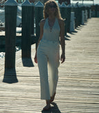 DOEN Ilaria Creme Ribbed Linen Blend Halter V-Neck Knit Top