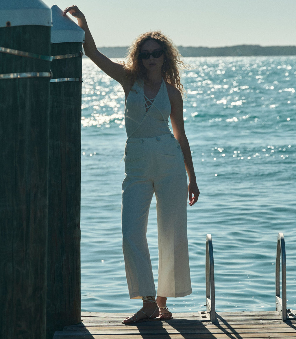 DOEN Ilaria Creme Ribbed Linen Blend Halter V-Neck Knit Top