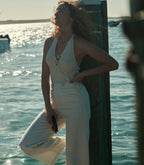 DOEN Ilaria Creme Ribbed Linen Blend Halter V-Neck Knit Top