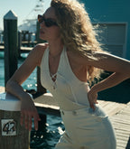 DOEN Ilaria Creme Ribbed Linen Blend Halter V-Neck Knit Top