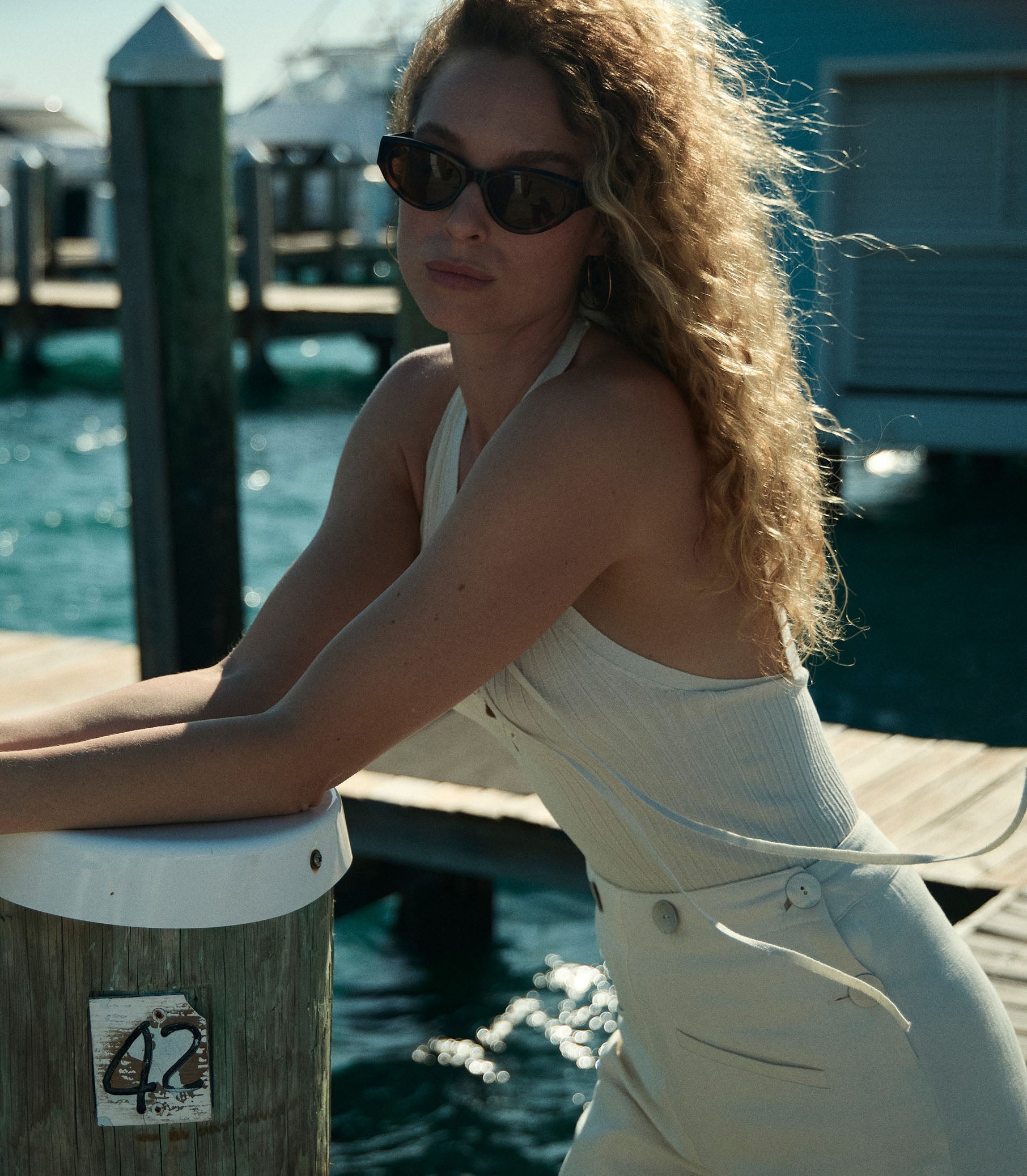 DOEN Ilaria Creme Ribbed Linen Blend Halter V-Neck Knit Top