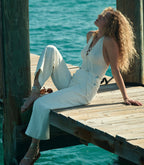 DOEN Ilaria Creme Ribbed Linen Blend Halter V-Neck Knit Top