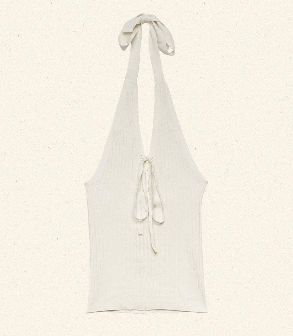DOEN Ilaria Creme Ribbed Linen Blend Halter V-Neck Knit Top