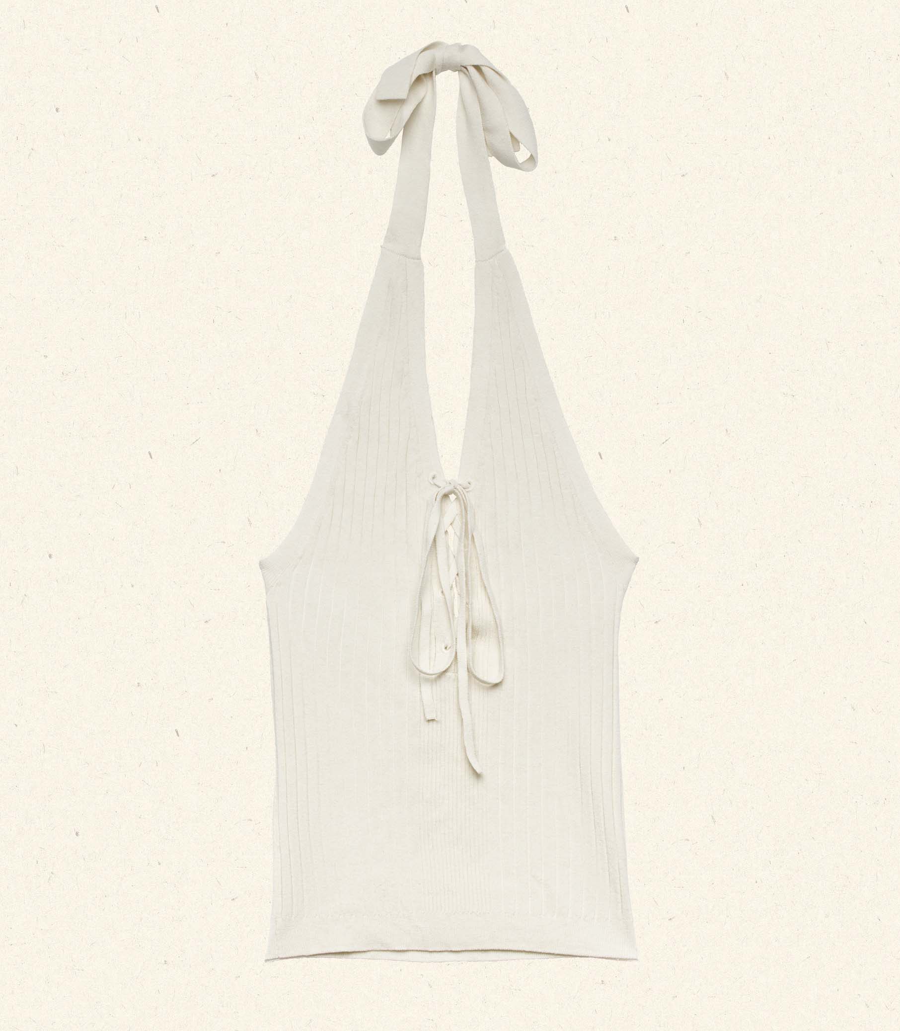 DOEN Ilaria Creme Ribbed Linen Blend Halter V-Neck Knit Top