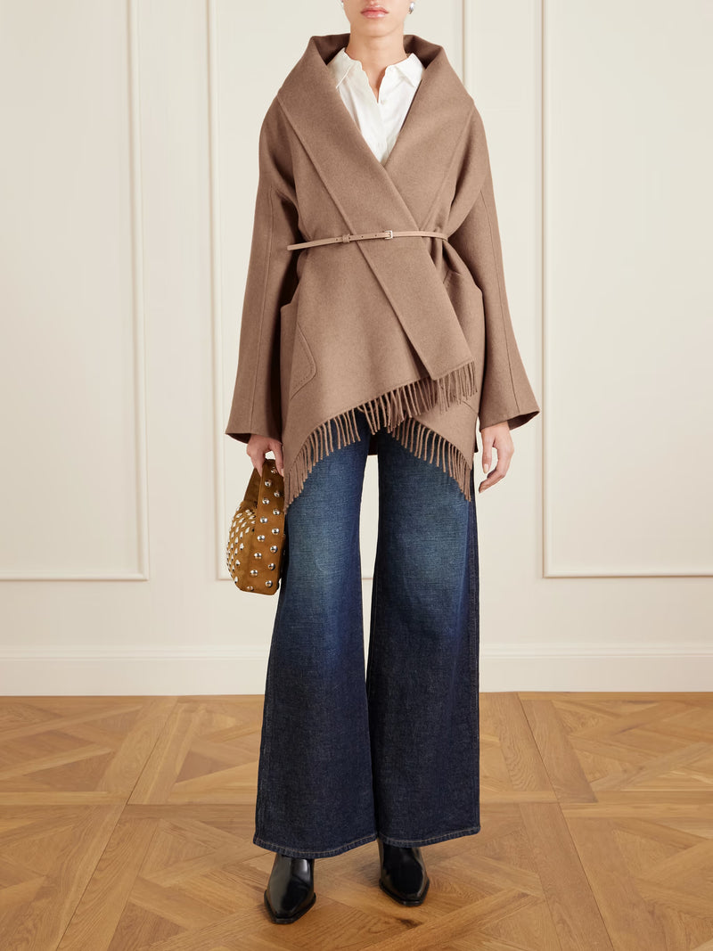 Max Mara Belted Fringed Coat in Camel