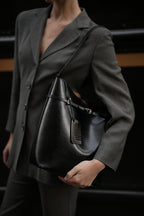 Chic Black Waxy Leather Belted Tote Bag, Versatile Shoulder Carry