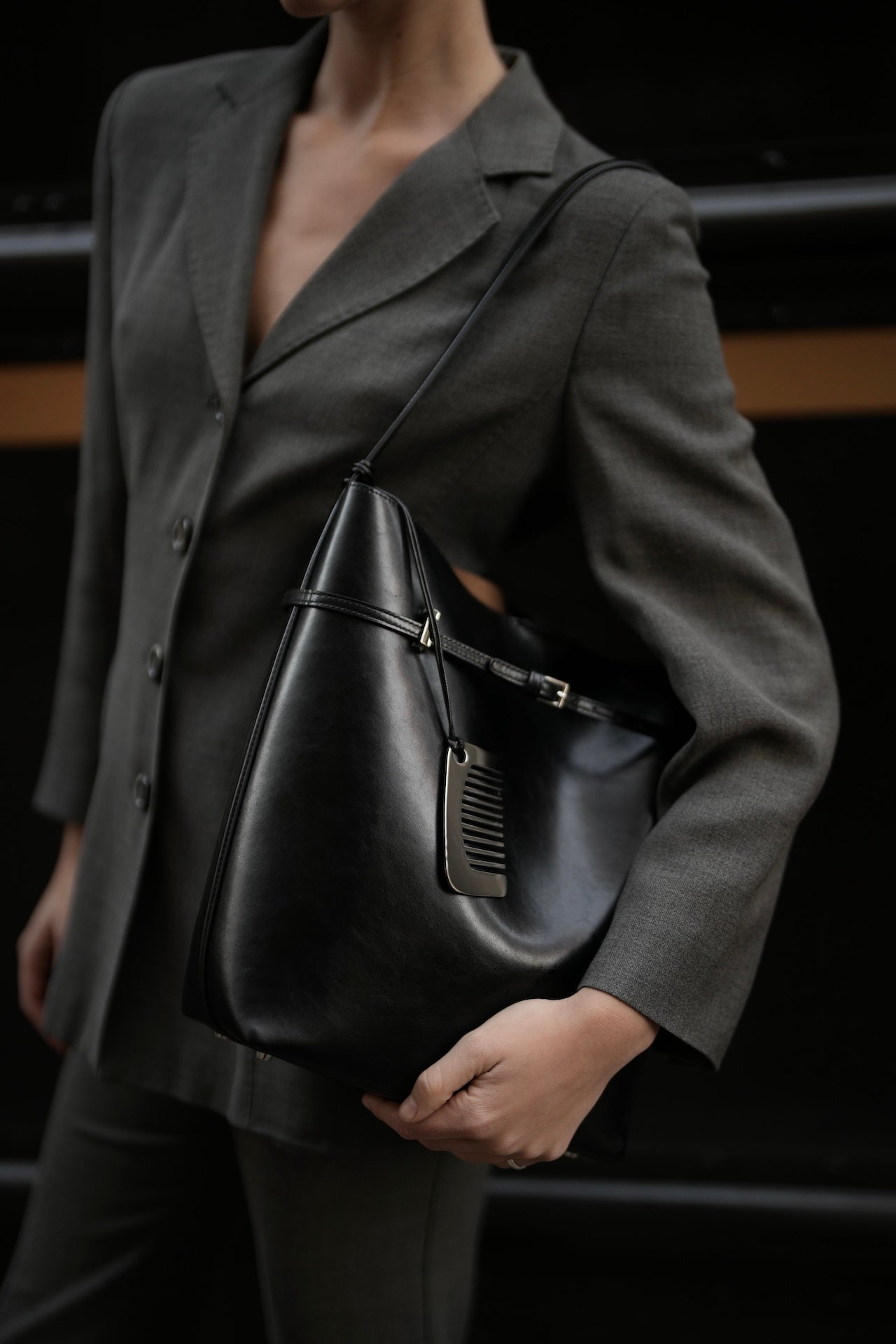 Chic Black Waxy Leather Belted Tote Bag, Versatile Shoulder Carry