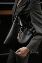 Chic Black Waxy Leather Belted Tote Bag, Versatile Shoulder Carry