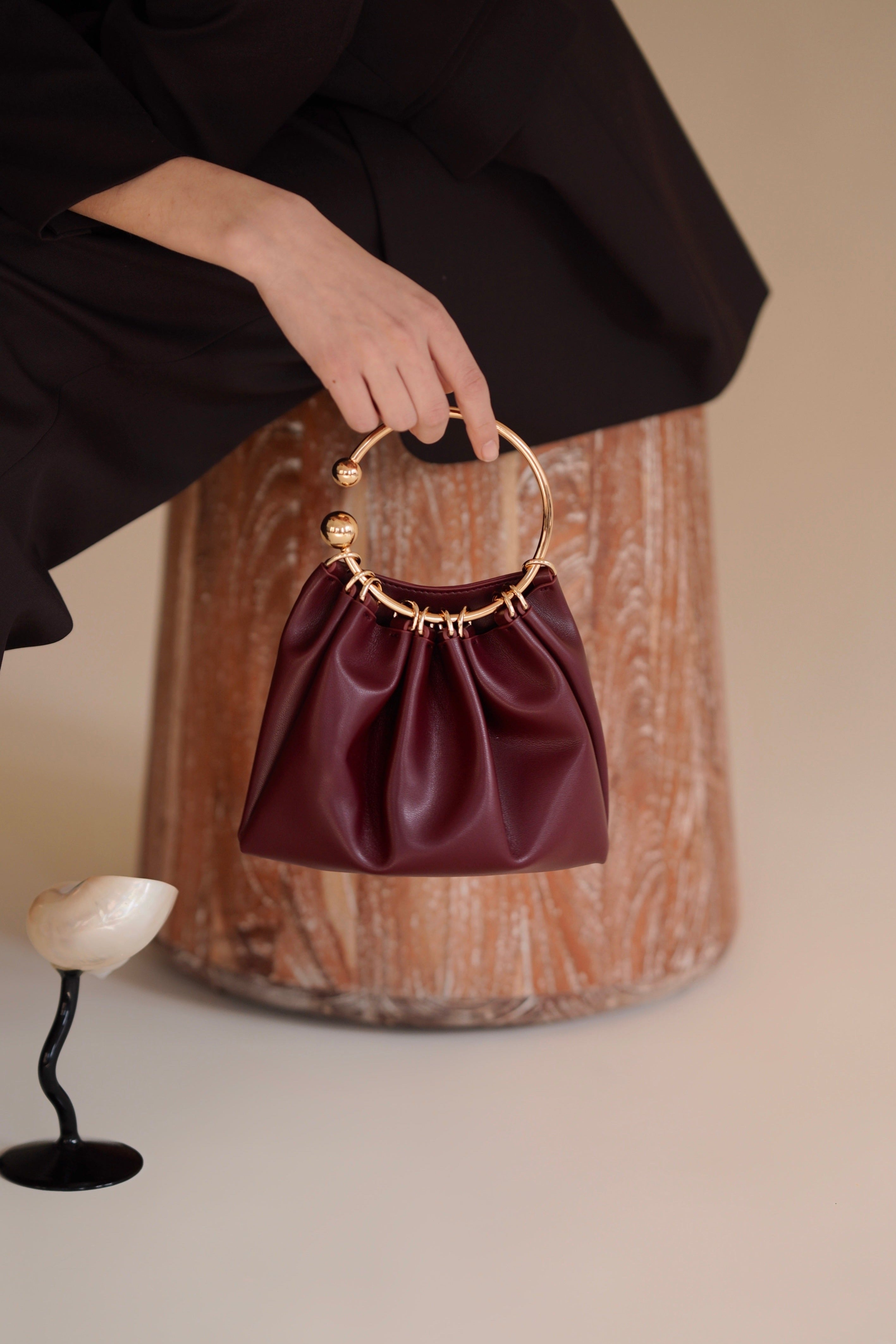 Chic Burgundy Genuine Leather Ring Handle Mini Evening Shoulder Bag for Women