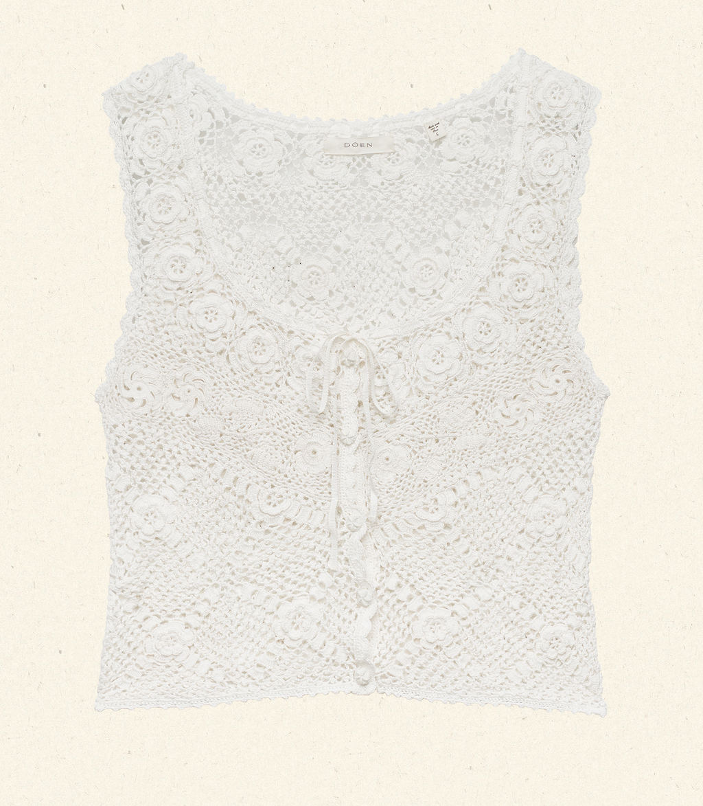 Artisan Hand-Crocheted Pima Cotton Joanne Top with Floral Detail & Ribbon Tie