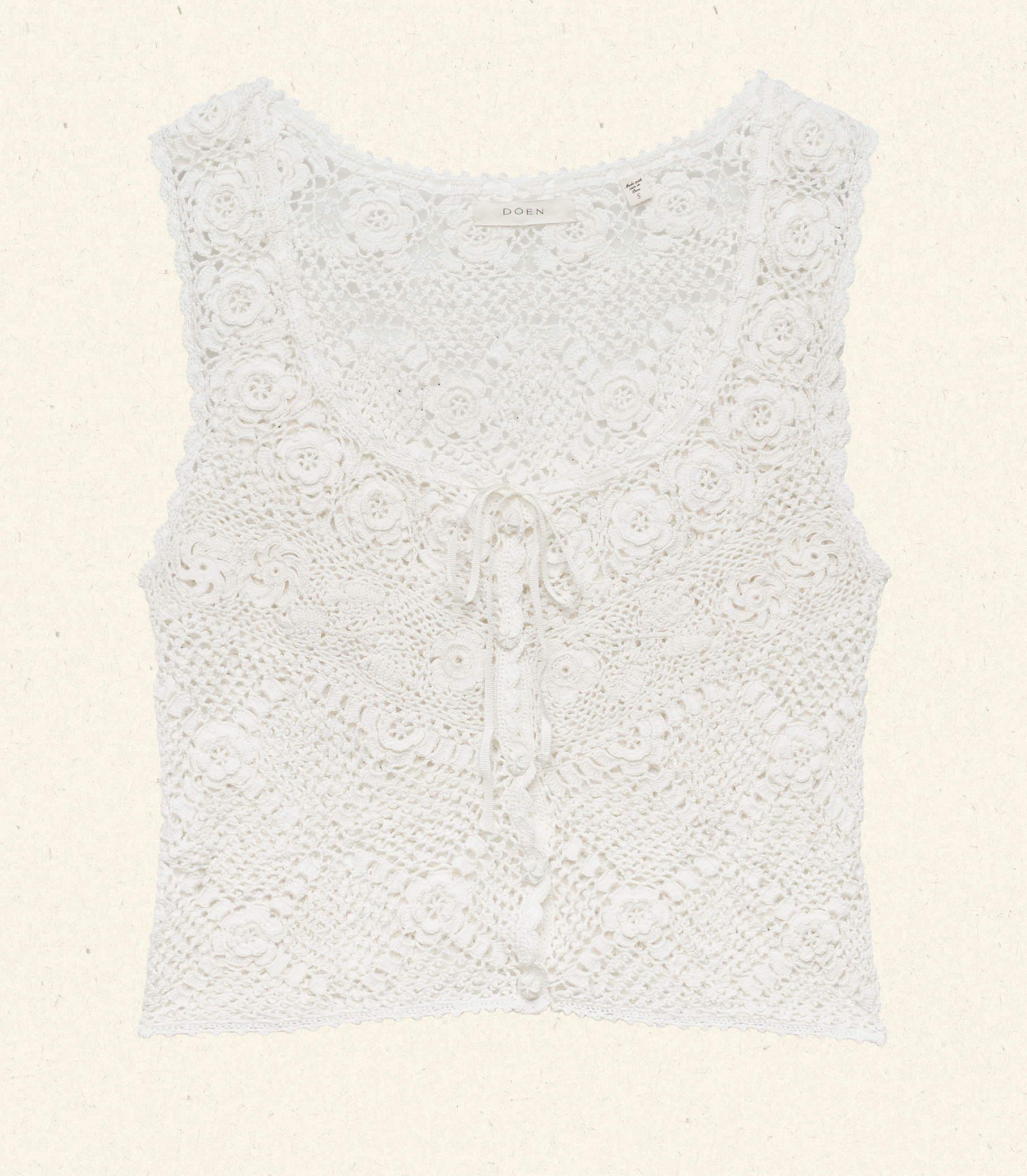 Artisan Hand-Crocheted Pima Cotton Joanne Top with Floral Detail & Ribbon Tie