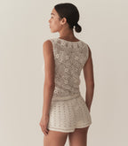 Artisan Hand-Crocheted Pima Cotton Joanne Top with Floral Detail & Ribbon Tie