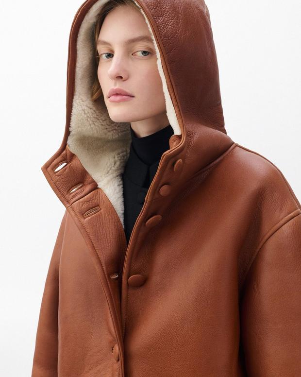 Rag & Bone Jackie Women's Oversized Lambskin Shearling Hooded Coat - Cognac