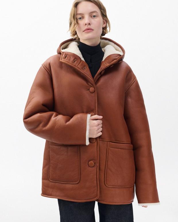 Rag & Bone Jackie Women's Oversized Lambskin Shearling Hooded Coat - Cognac