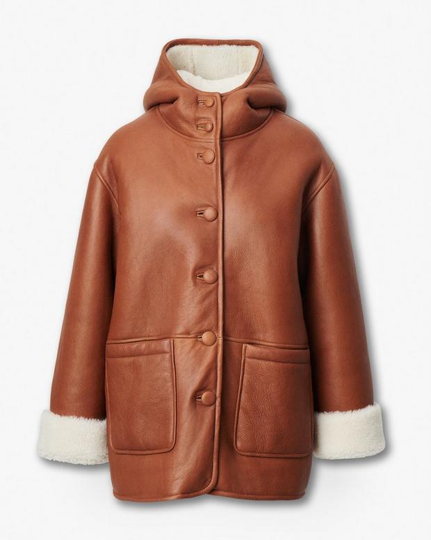 Rag & Bone Jackie Women's Oversized Lambskin Shearling Hooded Coat - Cognac