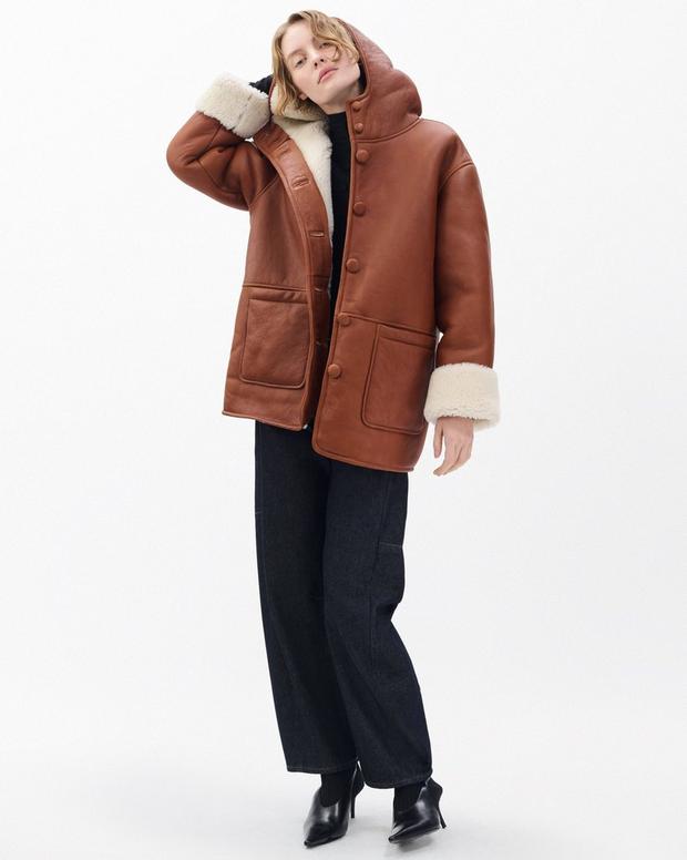Rag & Bone Jackie Women's Oversized Lambskin Shearling Hooded Coat - Cognac