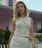 Elegant Ivory Pointelle Knit Lea Top - Sustainable Viscose Blend Women's Blouse