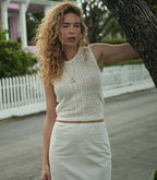 Elegant Ivory Pointelle Knit Lea Top - Sustainable Viscose Blend Women's Blouse