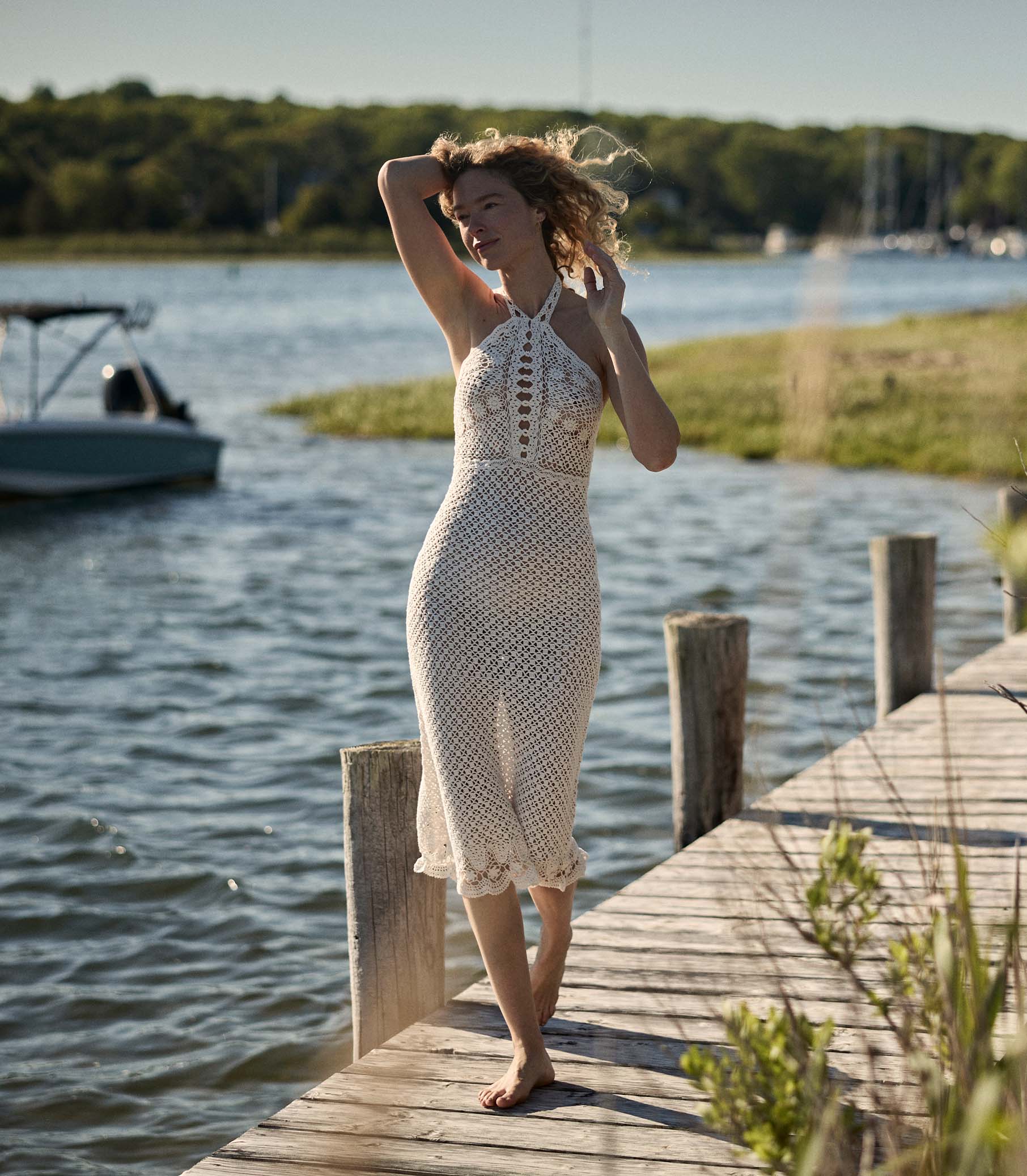 Liane Hand-Crocheted Pearl Pima Cotton Halter Midi Dress Artisan Design