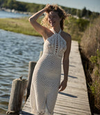 Liane Hand-Crocheted Pearl Pima Cotton Halter Midi Dress Artisan Design