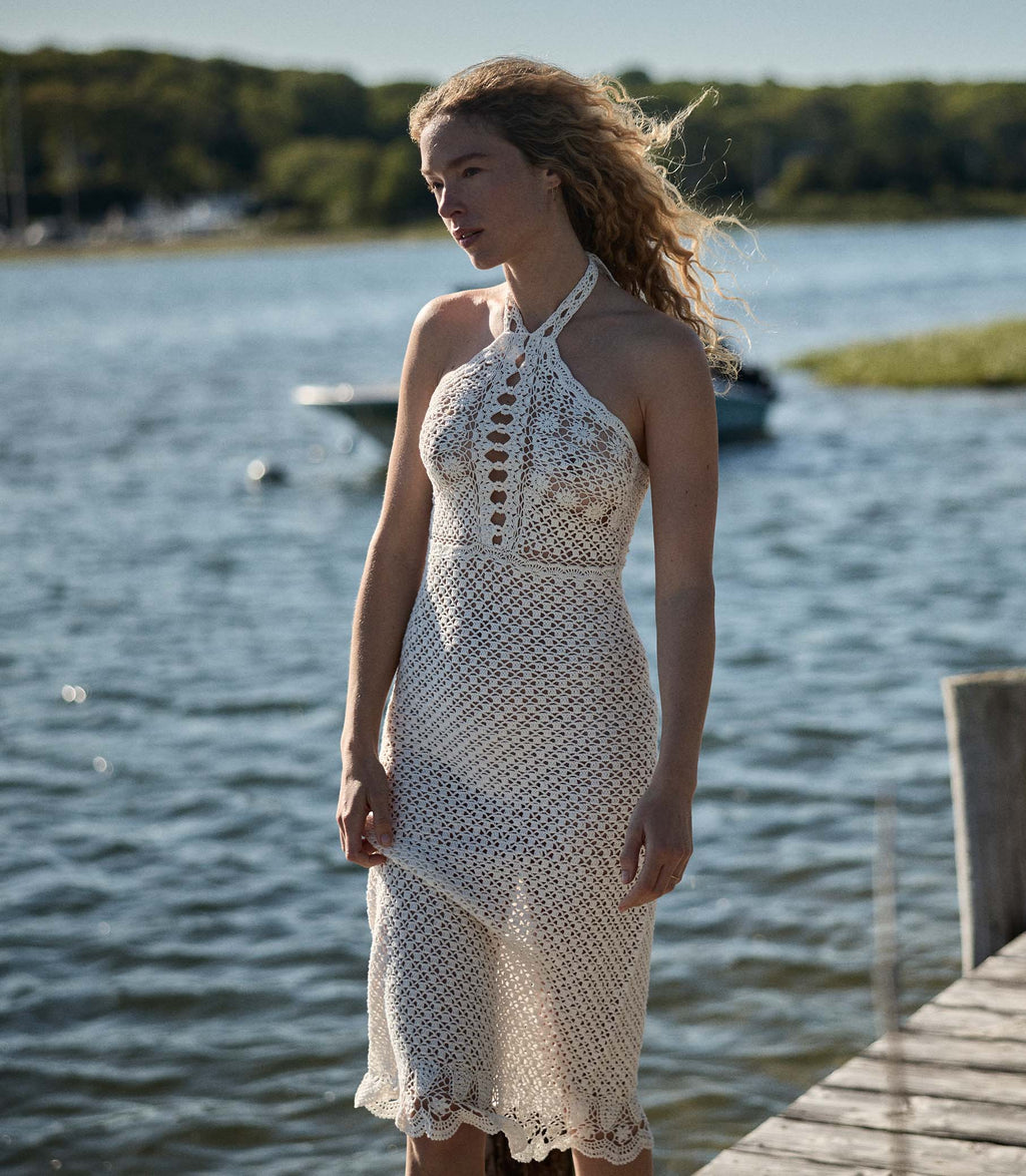 Elegant Hand-Crocheted Pearl Pima Cotton Halter Midi Dress - Artisan Crafted Luxury