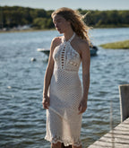 Elegant Hand-Crocheted Pearl Pima Cotton Halter Midi Dress - Artisan Crafted Luxury