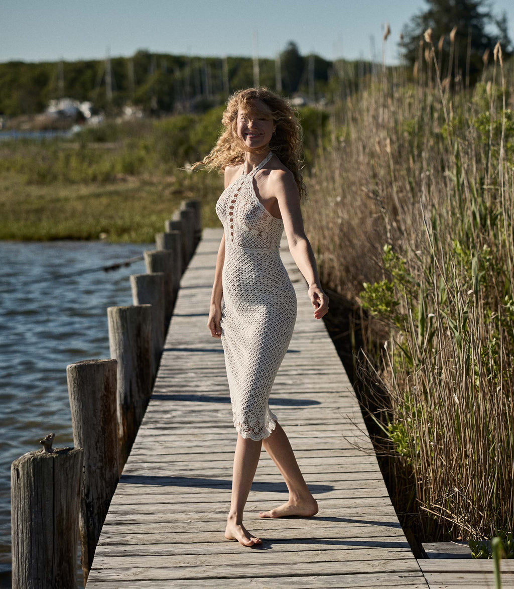 Liane Hand-Crocheted Pearl Pima Cotton Halter Midi Dress Artisan Design