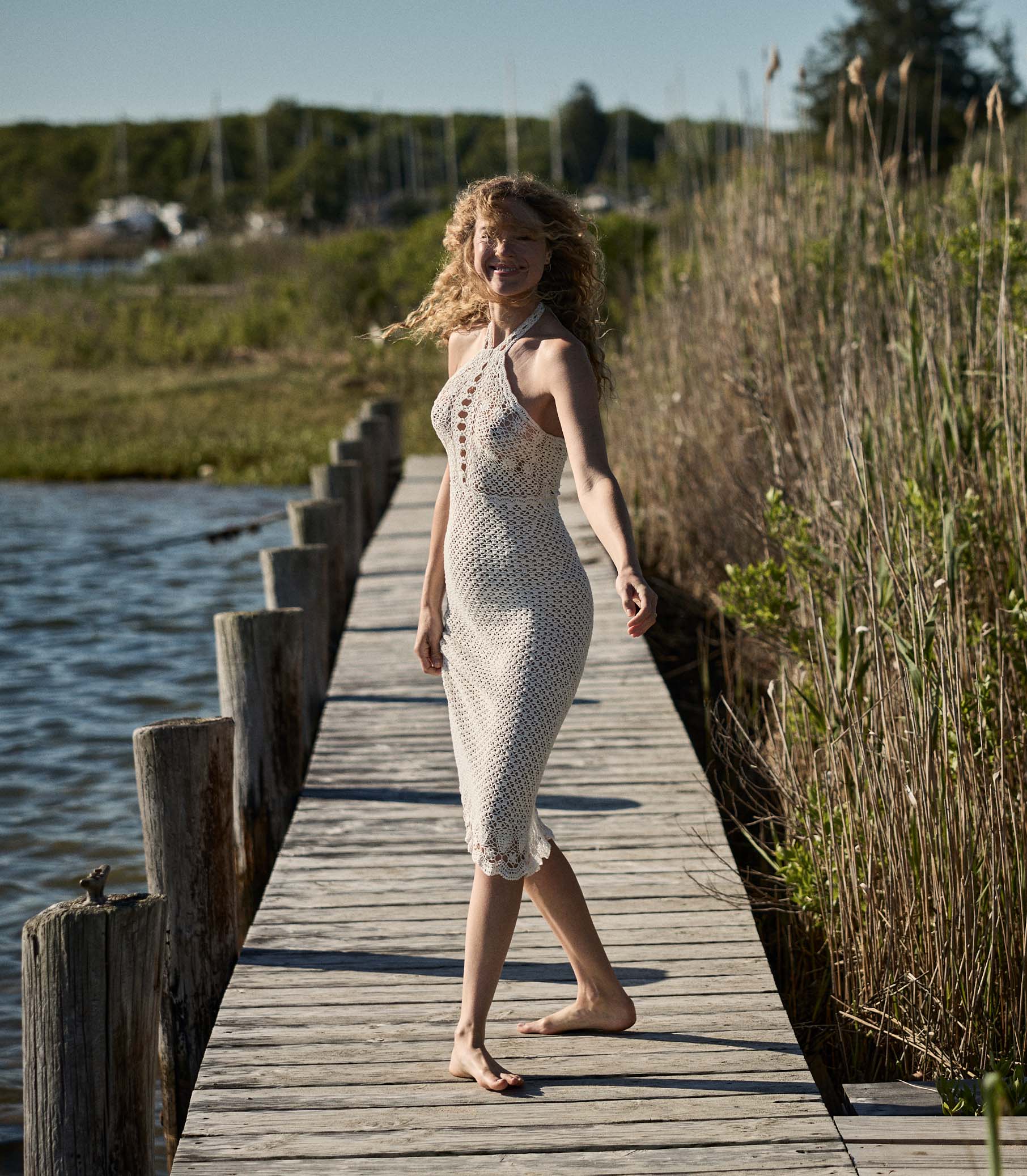 Elegant Hand-Crocheted Pearl Pima Cotton Halter Midi Dress - Artisan Crafted Luxury