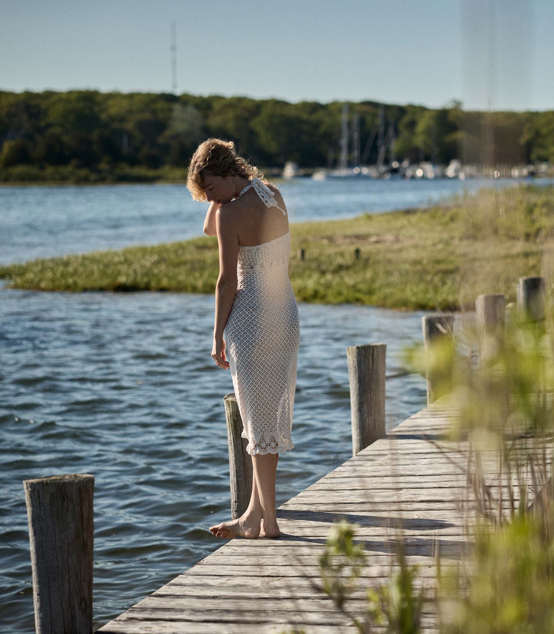 Elegant Hand-Crocheted Pearl Pima Cotton Halter Midi Dress - Artisan Crafted Luxury