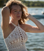 Elegant Hand-Crocheted Pearl Pima Cotton Halter Midi Dress - Artisan Crafted Luxury