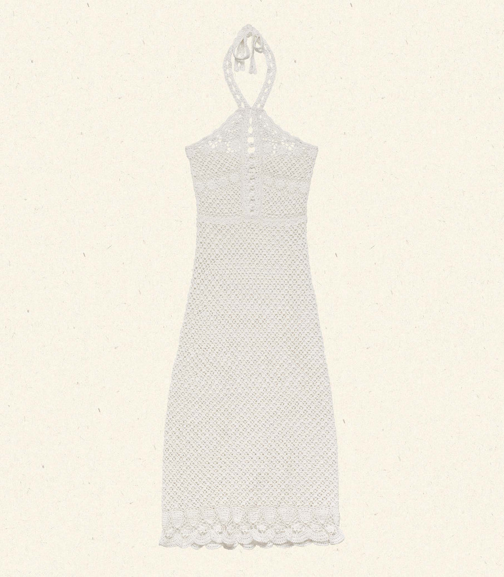 Elegant Hand-Crocheted Pearl Pima Cotton Halter Midi Dress - Artisan Crafted Luxury