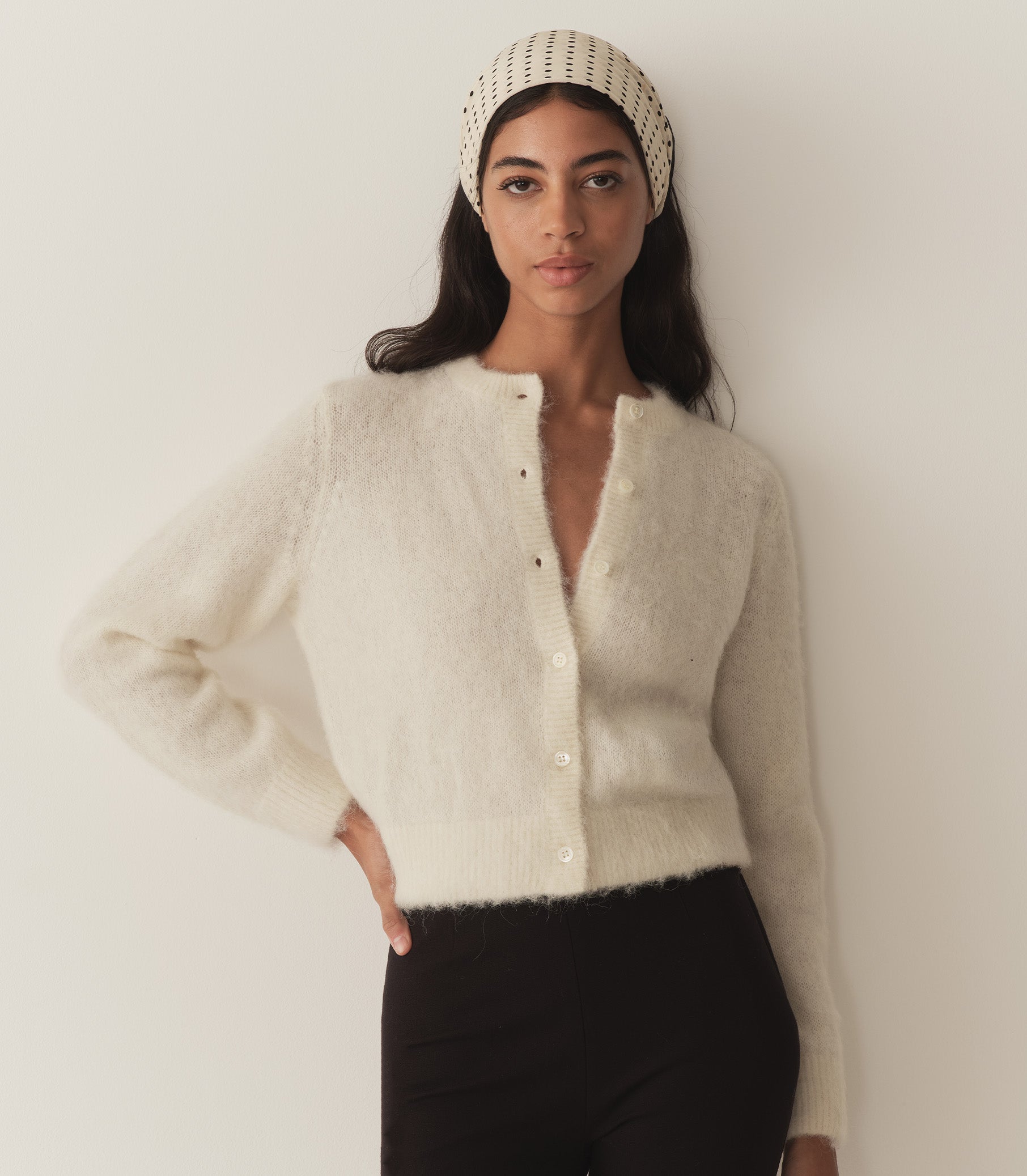 Soft Alpaca-Wool Lillette Cardigan: Sea Salt, Ribbed Trim, Pearl Buttons