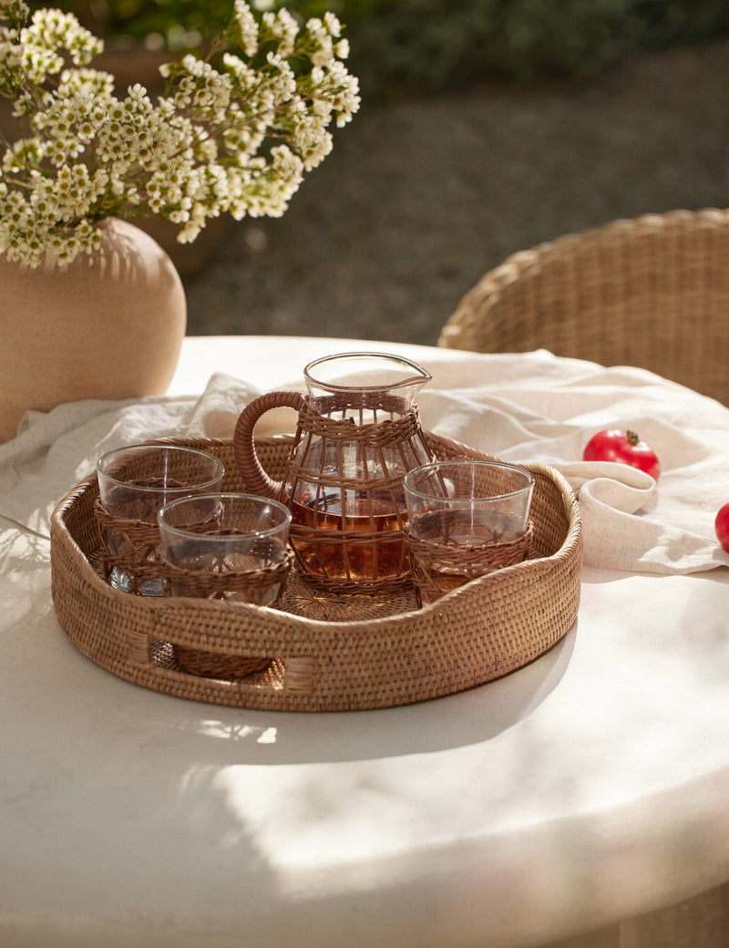 Tyna Scalloped Natural Rattan Decorative Tray with Classic Handles