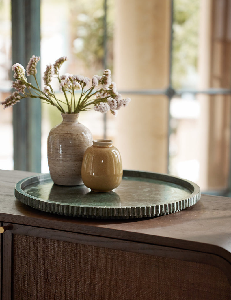 Cowell Round Green Marble Decorative Tray with Fluted Sides