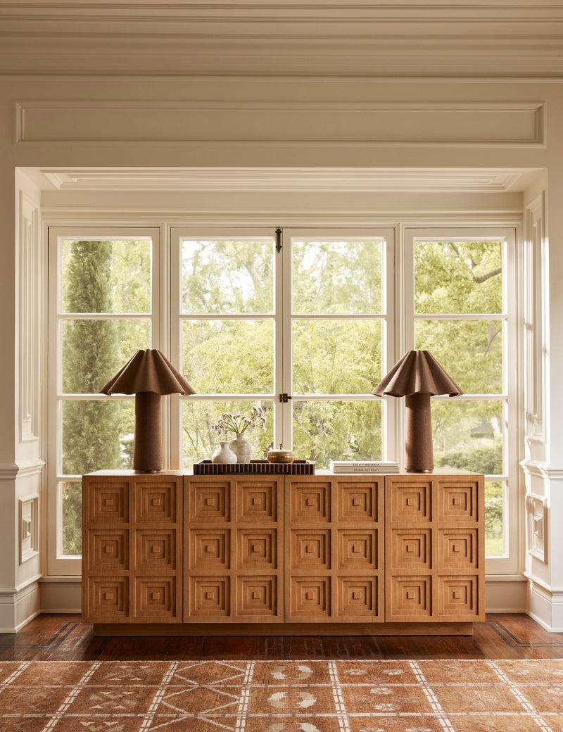 Hanson Natural Wood Sideboard Cabinet with Textured Grid Relief