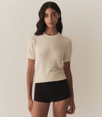 Mariella Sand Dune Cotton Bouclé Sweater: Fitted, Elbow Sleeves, Ribbed Hem