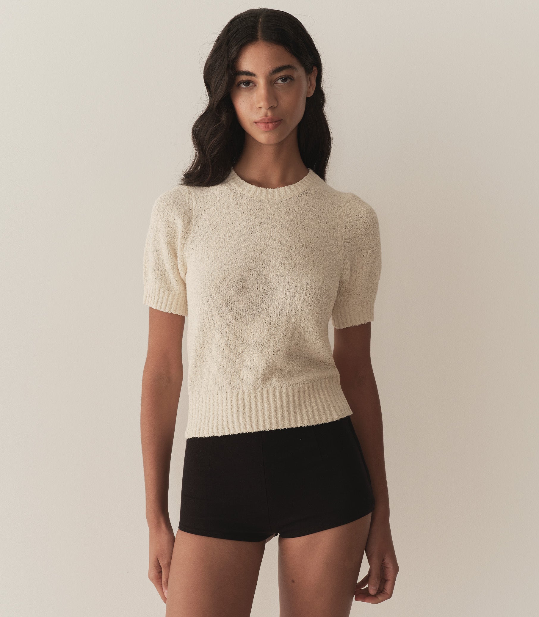 Mariella Sand Dune Cotton Bouclé Sweater: Fitted, Elbow Sleeves, Ribbed Hem
