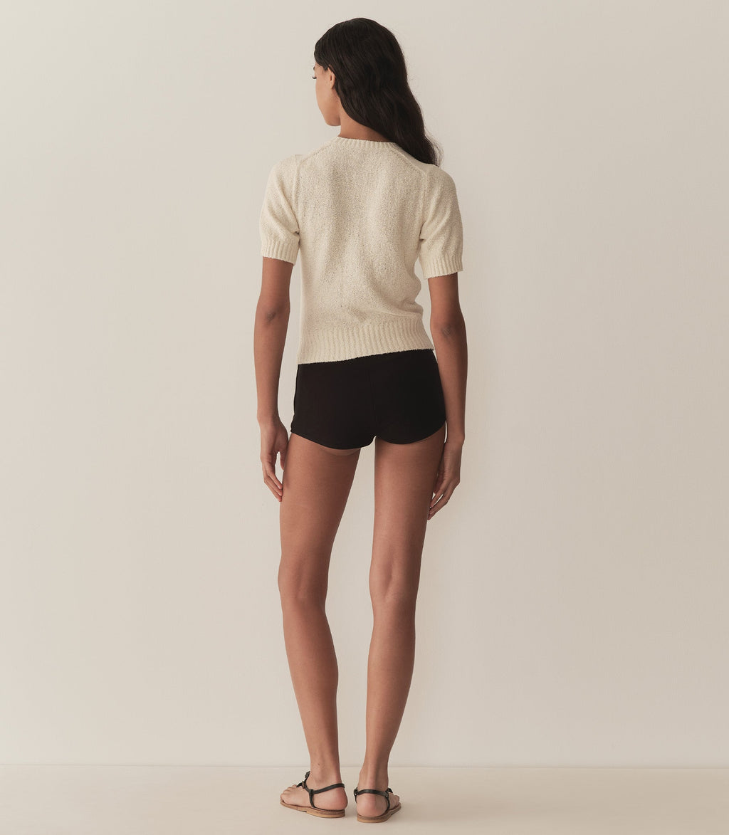Mariella Sand Dune Cotton Bouclé Sweater: Fitted, Elbow Sleeves, Ribbed Hem