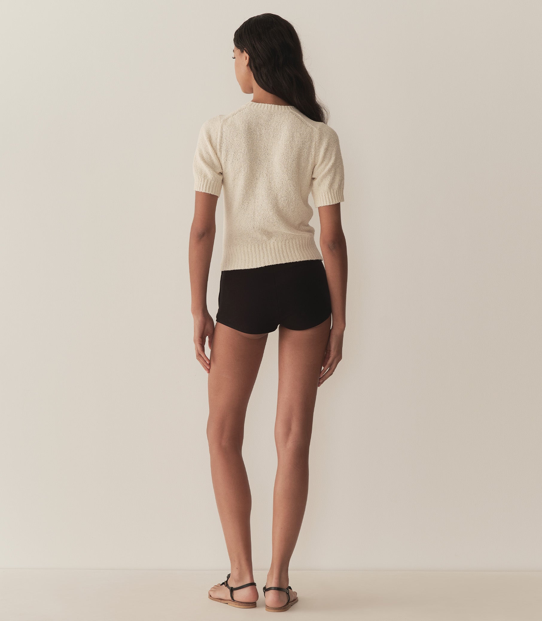 Mariella Sand Dune Cotton Bouclé Sweater: Fitted, Elbow Sleeves, Ribbed Hem