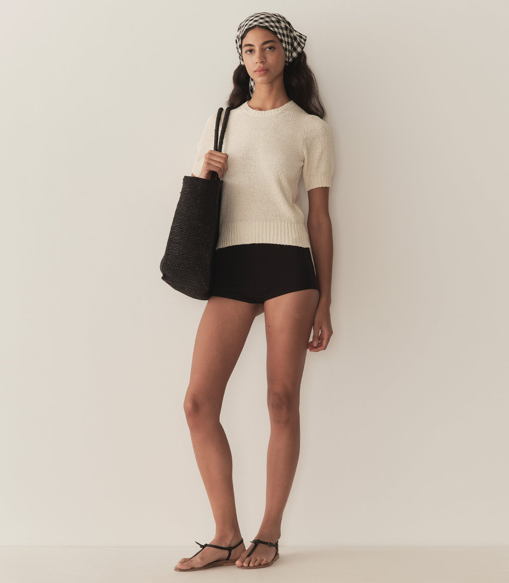 Mariella Sand Dune Cotton Bouclé Sweater: Fitted, Elbow Sleeves, Ribbed Hem