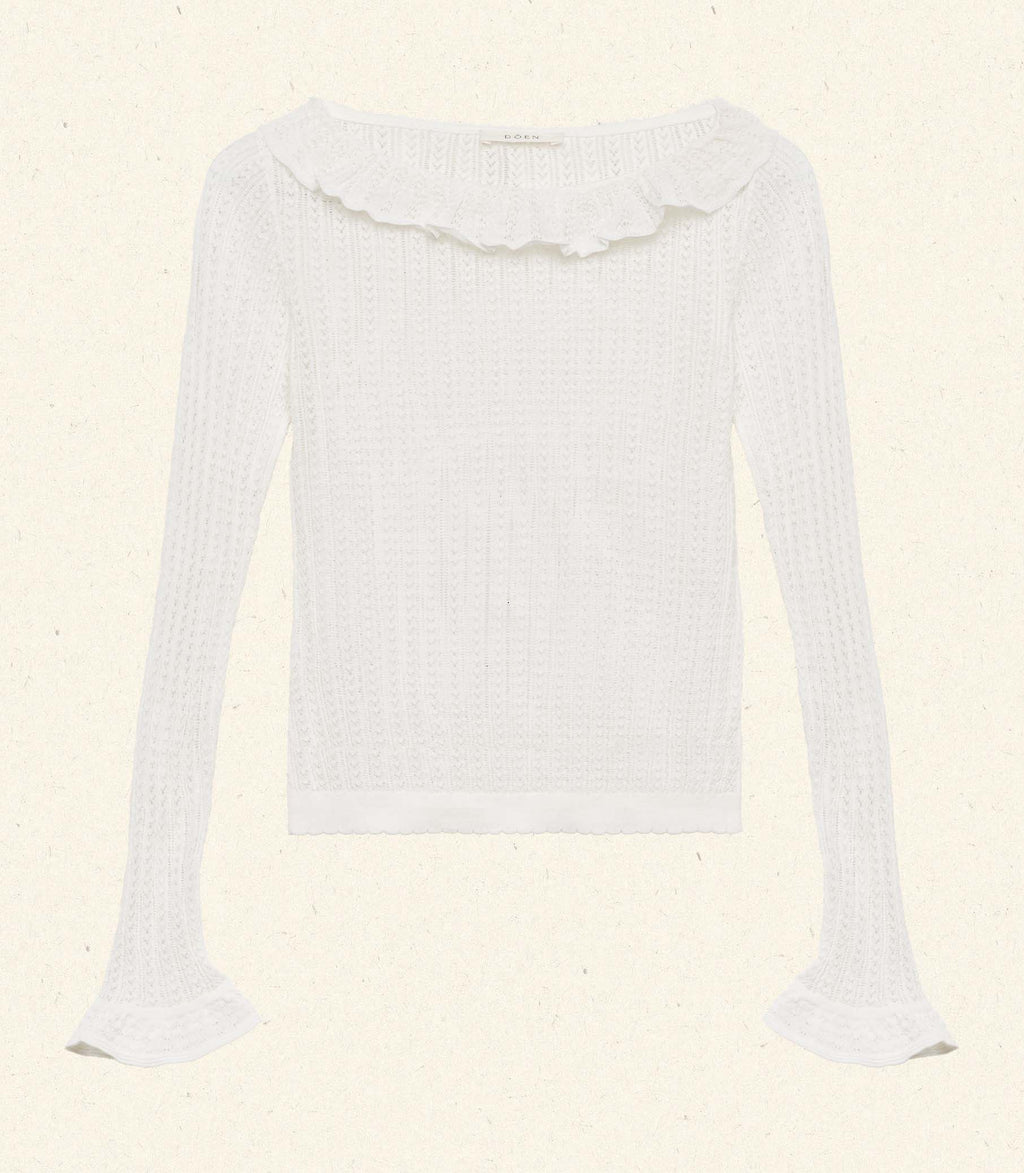 Marietta Sheer Merino Wool Blend Top with Ruffled Collar, Pointelle