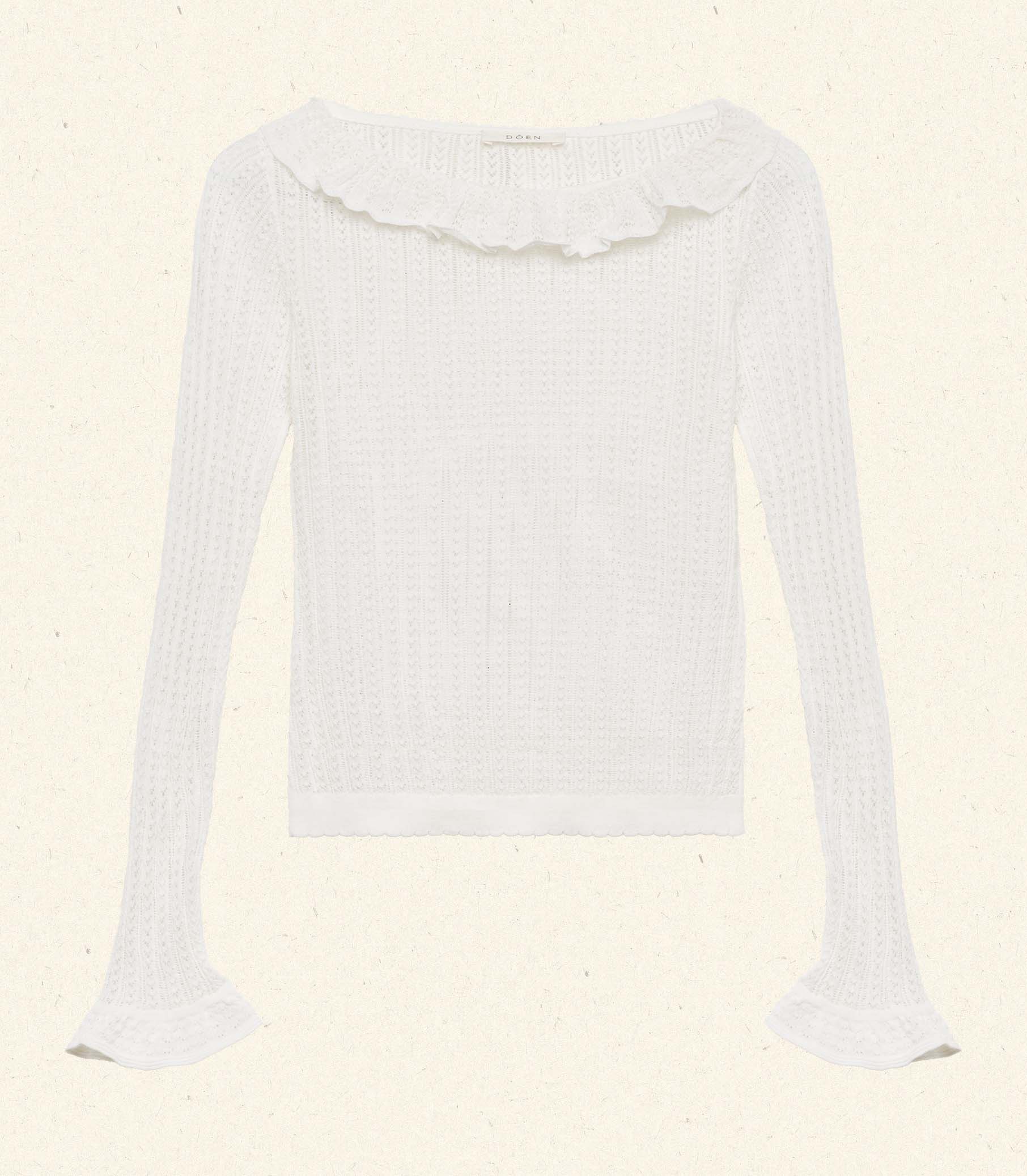 Marietta Sheer Merino Wool Blend Top with Ruffled Collar, Pointelle