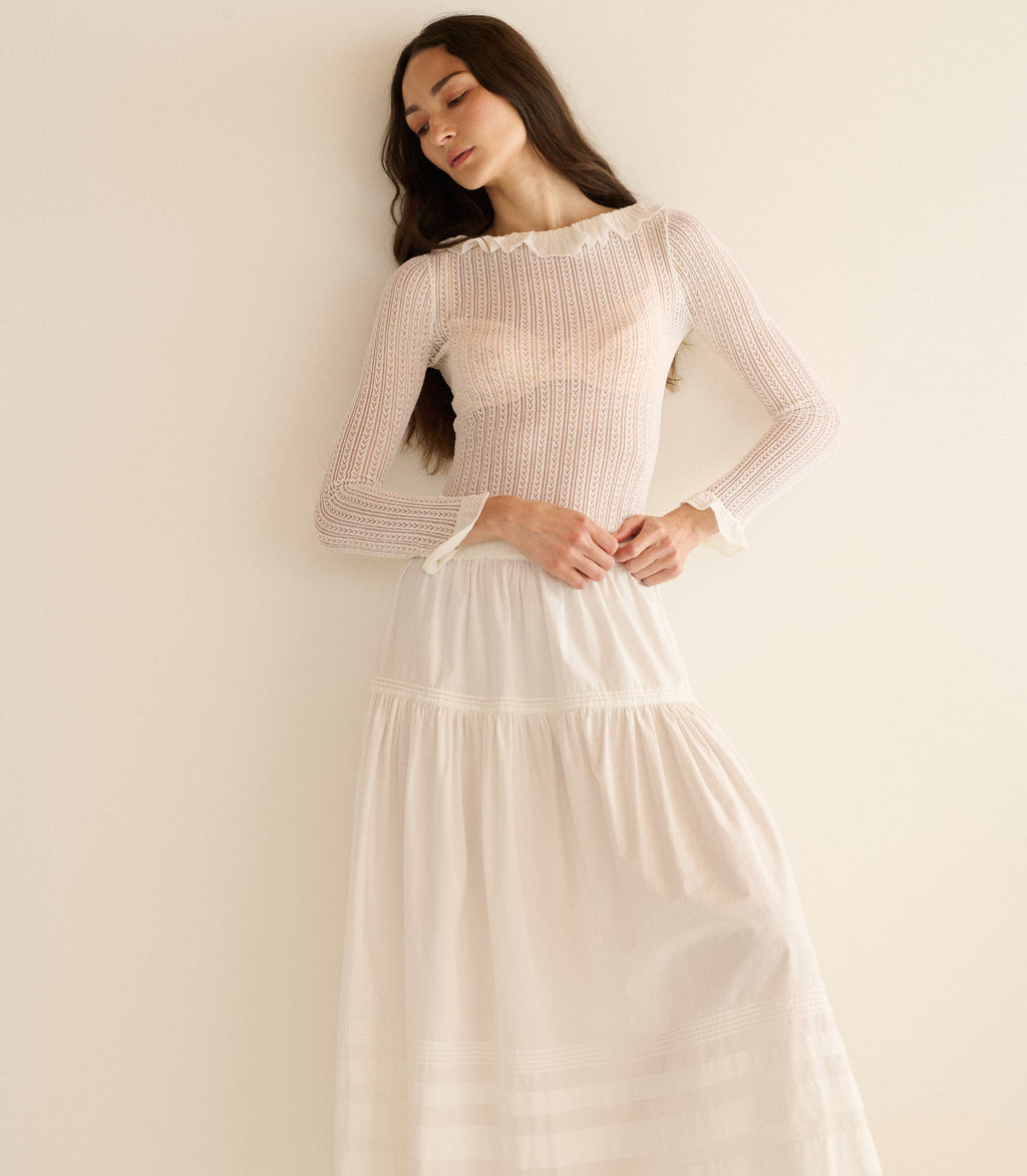 Marietta Sheer Merino Wool Blend Top with Ruffled Collar, Pointelle