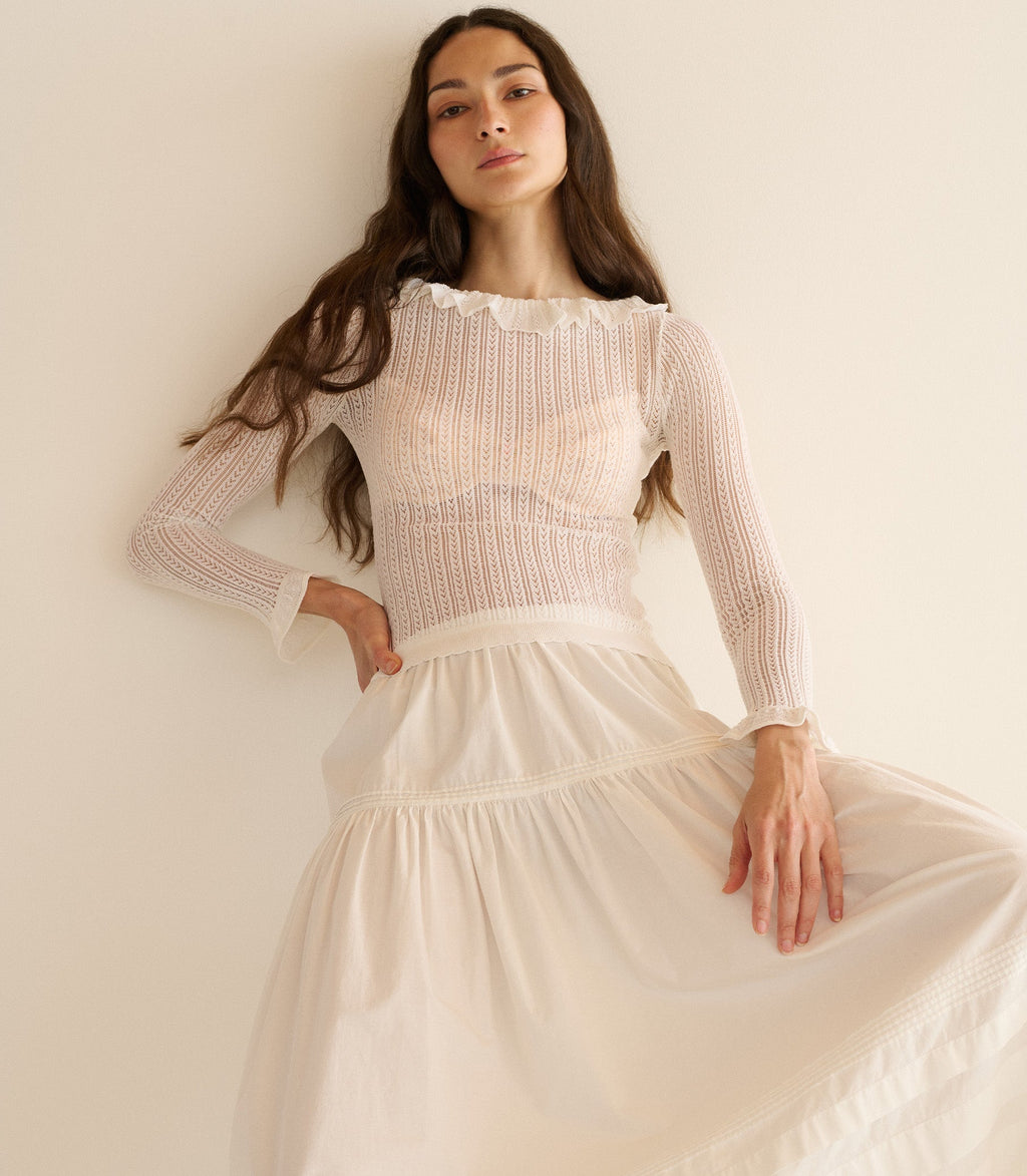 Marietta Sheer Merino Wool Blend Top with Ruffled Collar, Pointelle