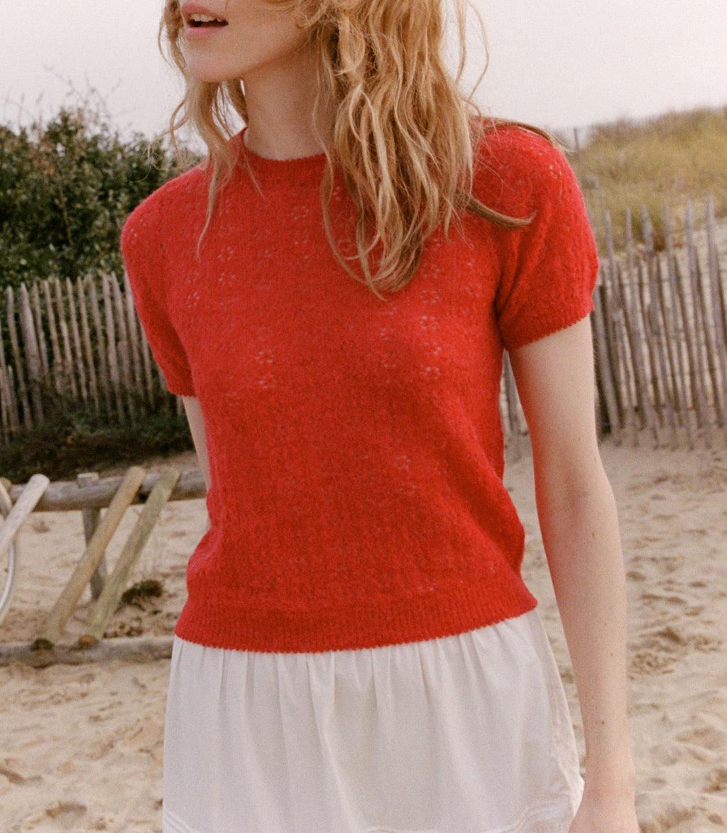 Monica Cherry Red Alpaca Merino Pointelle Knit Short Sleeve Sweater