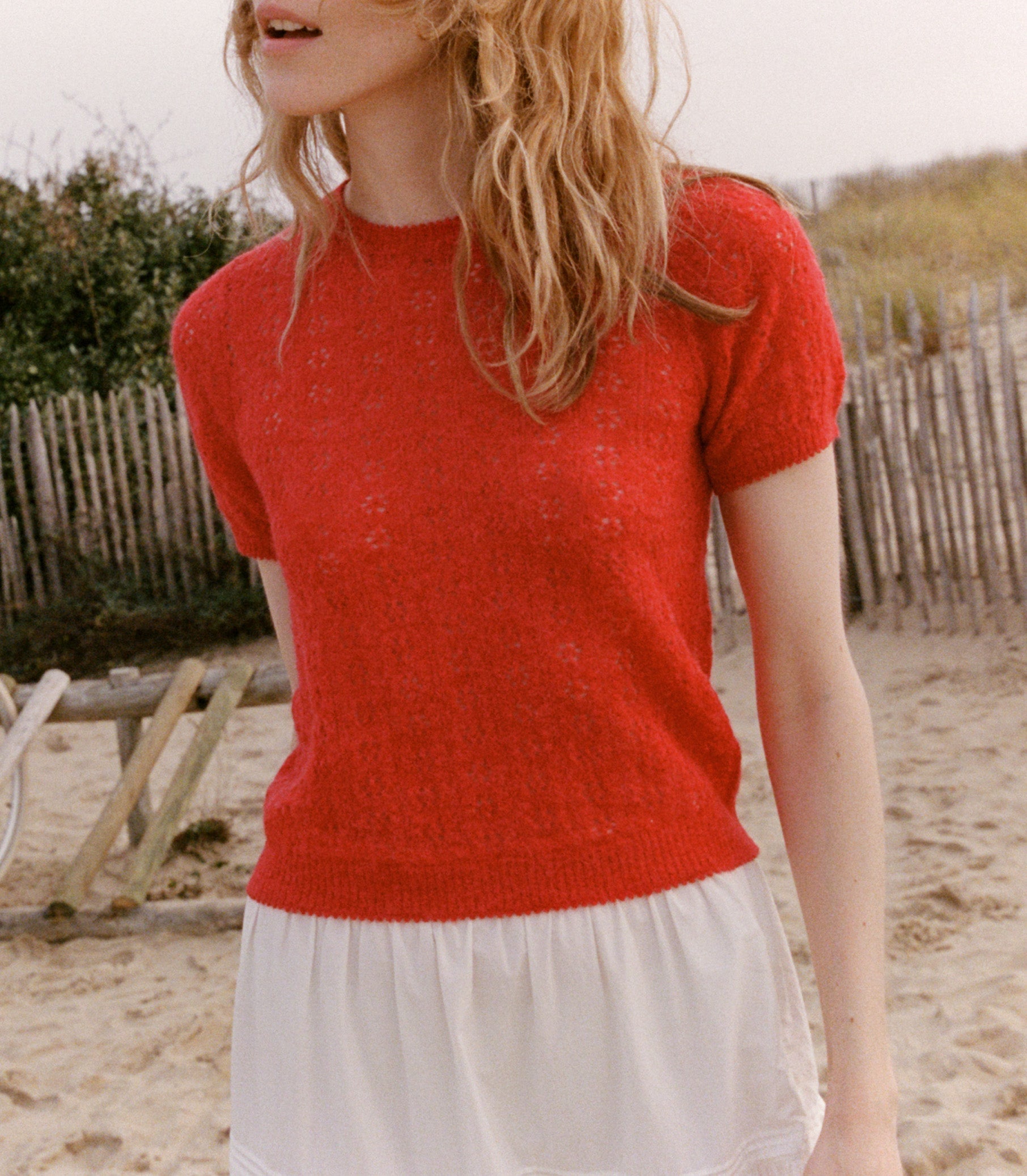 Monica Cherry Red Alpaca Merino Pointelle Knit Short Sleeve Sweater