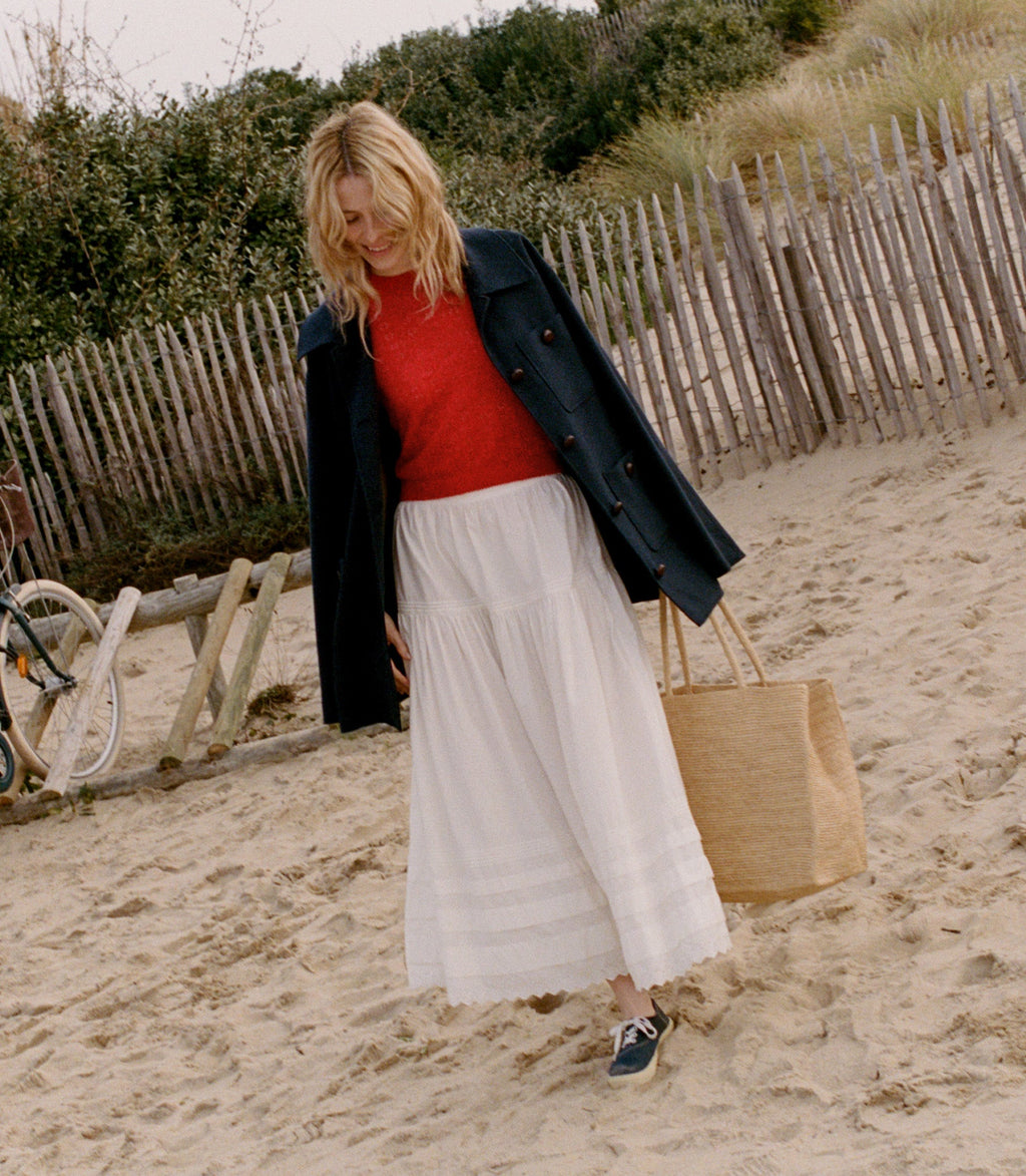 Monica Cherry Red Alpaca Merino Pointelle Knit Short Sleeve Sweater