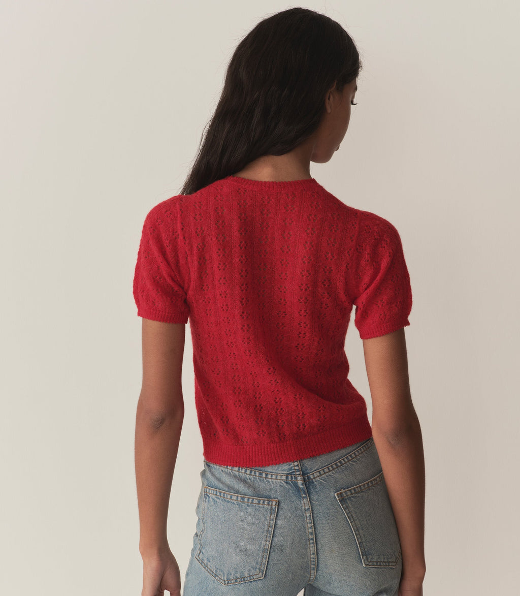 Monica Cherry Red Alpaca Merino Pointelle Knit Short Sleeve Sweater