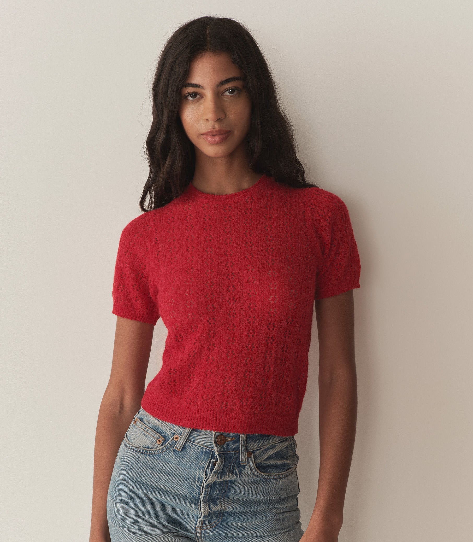 Monica Cherry Red Alpaca Merino Pointelle Knit Short Sleeve Sweater