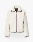 Cozy Ivory Sherpa Zip-Up Jacket: Plush Bomber Fit, Faux-Leather Trim, Ultimate Comfort